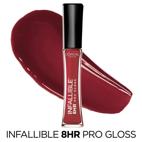 Miniatura 2 de L'Oreal Paris L'Oreal Paris Makeup Infallible - Brillo de labios de 8 horas, fórmula cómoda e hidratante, rojo rebelde, 0.5 onzas líquidas