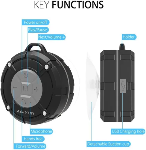 Miniatura 3 de Altavoz de ducha, altavoz Bluetooth impermeable IPX7 con graves HD, ventosa y gancho duradero, micrófono integrado para llamadas manos libres, Gris