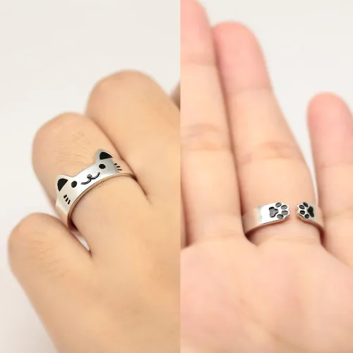 Miniatura 2 de Anillo de gato de plata de ley 925 lindo anillo de gatito joyería de moda ajustable tamaño (EE. UU. 6.5), Plata de ley
