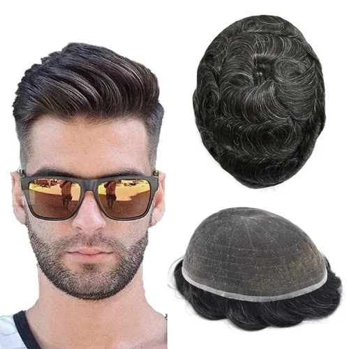 Miniatura 83 de Toupee For Men Real Human Hair System Mens Hair Piece Breathable Mens Toupee Durable Men Hairpiece 6X8#1 Jet Black 80% Density