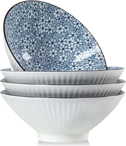 QINLANG Tazones de cerámica japonesa de 38 onzas, Pho, cuencos de cerámica azul y blanco de 8 pulgadas, juego de 4, patrón floral