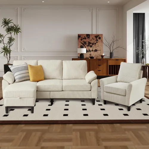Juego de sofá modular en forma de L de pana con otomana de almacenamiento y bolsillos laterales, sofá de 3 plazas + sillón, muebles de sala de estar