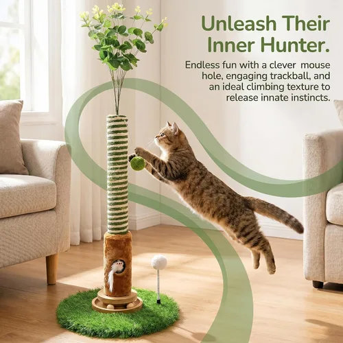 Miniatura 3 de Poste rascador para gatos de 39 pulgadas de alto con bola interactiva y agujero para el mouse para gatos adultos de interior, cuerda de sisal, torre