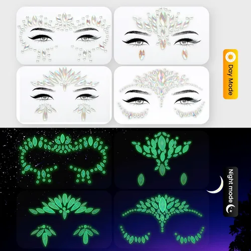 Miniatura 28 de 32 piezas de gemas faciales (diseños aleatorios) autoadhesivas con purpurina para tatuaje, gemas para festivales, fiestas rave, maquillaje corporal