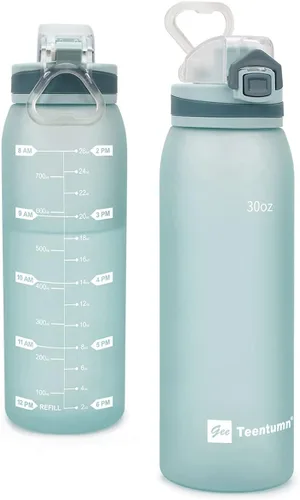 Miniatura 18 de Botella de agua deportiva de 30 onzas con marcadores de tiempo, botella grande y duradera de plástico para gimnasio, Tritan sin BPA, transparente