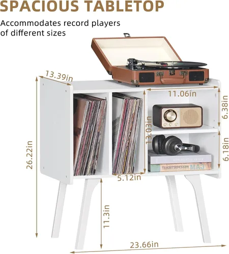 Miniatura 3 de LELELINKY Soporte para tocadiscos, mesa de almacenamiento de discos de vinilo con 4 gabinetes de hasta 120 álbumes, soporte para tocadiscos de Blanco