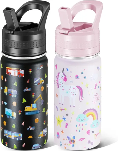 Miniatura 23 de 14 Oz Kids Water Bottle, Stainless Steel Water Bottle with Straws, Leak-Proof, BPA-Free, Insulated Water Bottles for School Boys & Girls Black