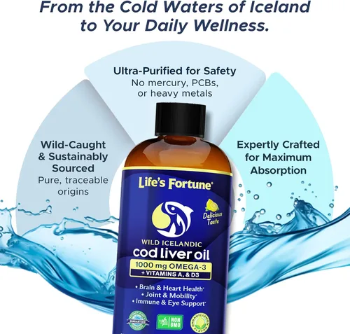 Miniatura 5 de Life's Fortune Aceite de hígado de bacalao líquido orgánico sabor a limón (8 onzas) 1000 mg de Omega + vitamina A, E y D3 – Apoya la salud