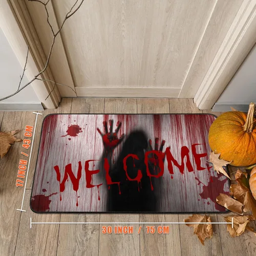 Miniatura 2 de Tapete de puerta de terror para decoración de Halloween, tapete de bienvenida de sangre de 17 x 30 pulgadas, tapetes de goma de lino antideslizantes