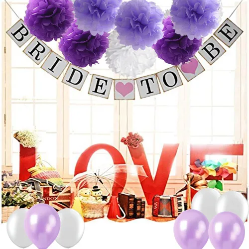 Miniatura 3 de Juego de decoración de despedida de soltera morada, pancarta de novia para ser blanco, lavanda, morado, papel de seda de gran tamaño, pompones