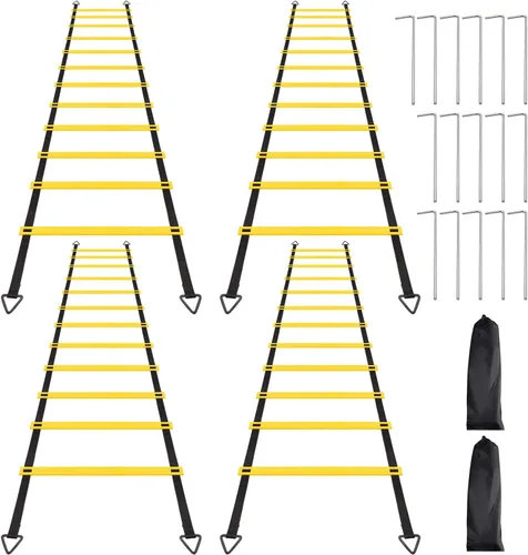 Juego de 1/2/4 escaleras, 12 peldaños de agilidad, escalera de entrenamiento con estacas de acero y bolsa de transporte para fútbol, entrenamiento