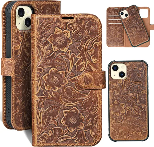 Miniatura 51 de Funda de cuero compatible con iPhone 16 Pro Max Cartera 6.9", cuero genuino 2 en 1, magnética, desmontable, a prueba de golpes, funda tipo folio