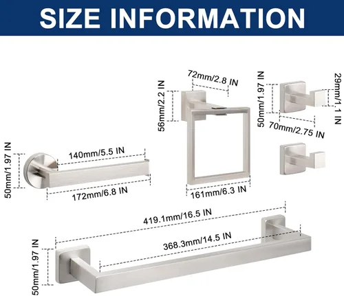 Miniatura 2 de NearMoon Juego de 5 piezas de accesorios de baño de acero inoxidable 304, juego de toallero cuadrado que incluye toallero de 16 pulgadas + anillo