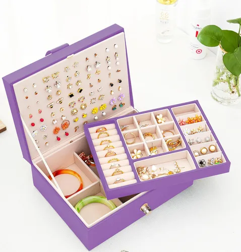 Miniatura 98 de Joyero de pendientes para mujeres y niñas, organizador de aretes de 5 capas, caja organizadora de joyas blanca con candado, collares y aretes