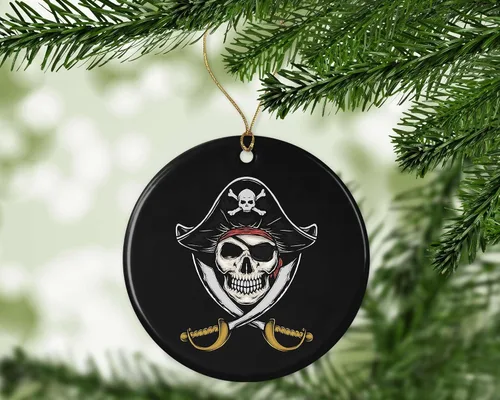 Miniatura 2 de Adorno navideño Jolly Roger con calavera pirata, espadas cruzadas, recuerdo, adorno de cerámica, idea de regalo, árbol de Navidad impreso en ambos