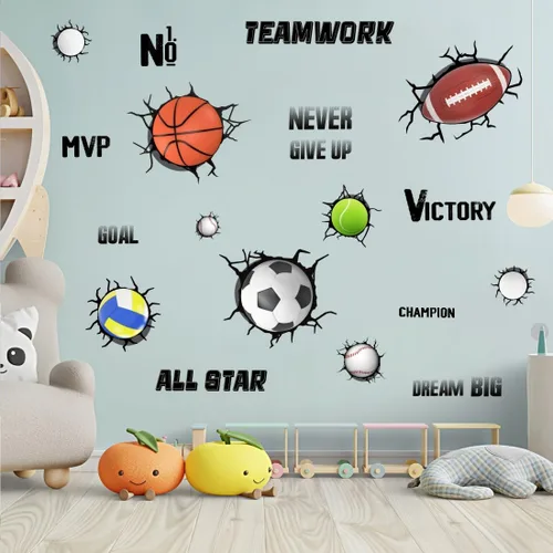 YIMEHDAN Calcomanías de pared de pelotas deportivas 3D, fútbol, voleibol, rugby, baloncesto, tenis, vinilo para pared, diseño deportivo extraíble