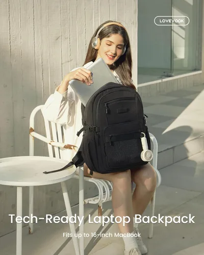 Miniatura 2 de LOVEVOOK Mochila para laptop para mujeres/hombres con correa de hebilla mejorada para portavasos y bolsillo de malla versátil, Negro, 15,6 pulg.