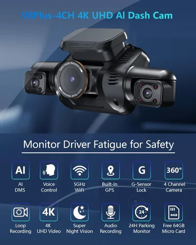 Miniatura 3 de HUPEJOS Cámara de salpicadero AI frontal y trasera interior con sistema de monitor de controlador, cámara de automóvil de 360° 4K, cámara de 4