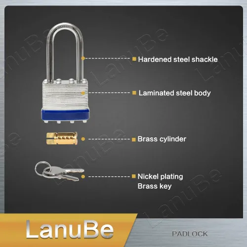 Miniatura 5 de LanuBe Candado laminado de 1-9/16 pulgadas (1.575 in) de largo grillete paquete de 2 llaves iguales, aro de plástico azul, cerraduras a granel