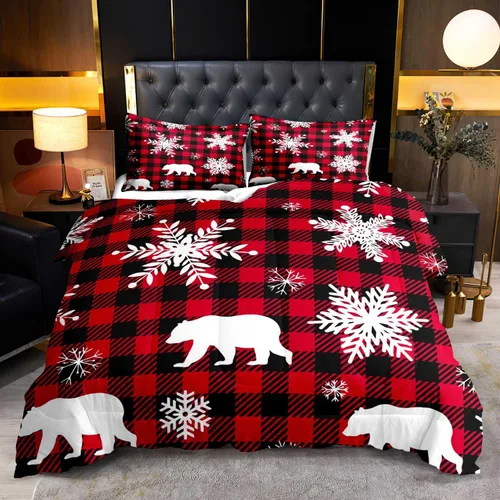 LUVIVIHOME Juego de edredón de 2 piezas de oso de Navidad, tamaño individual, copos de nieve blancos, rojo y negro, a cuadros, ropa de cama de