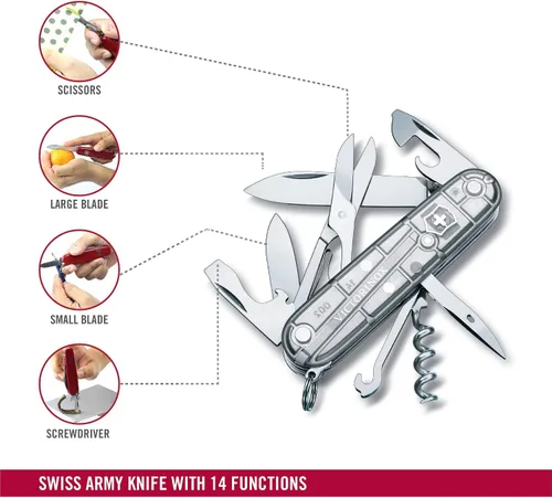 Miniatura 3 de Victorinox Climber Swiss Army Cuchillo de bolsillo de 14 funciones fabricado en Suiza con 2 cuchillas, sacacorchos y destornillador - Silver Tech