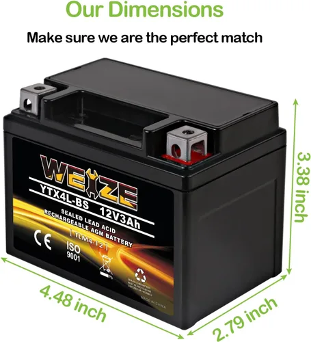 Miniatura 3 de Weize YTX4L-BS - Batería de motocicleta sellada recargable de alto rendimiento compatible con Polaris Scrambler, Sportsman 90, Honda Scooters NQ50