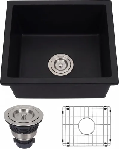 Fregadero de barra negro de montaje inferior, fregadero pequeño de barra compuesto de 15 x 17 pulgadas, fregaderos de cocina y barra de granito
