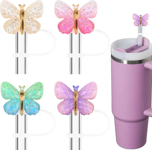 Cubiertas de Pajitas de Mariposa con Purpurina - 4 Piezas de Adornos de Pajitas Bling para Vasos Stanley Quencher H2.0 de 30oz y 40oz, 10mm,