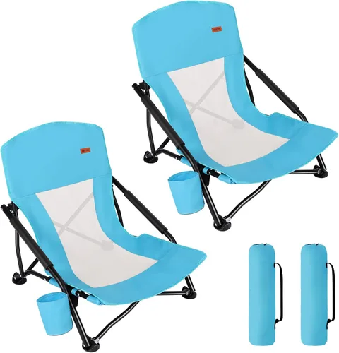 TOBTOS Silla de playa baja para adultos, paquete de 2, plegable de perfil bajo con portavasos y bolsa de transporte, silla resistente para arena al