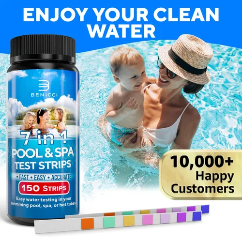 Miniatura 6 de Tiras de prueba 7 en 1 precisas para piscina, 150 tiras de prueba de spa para bañera de hidromasaje, kit de prueba rápida de agua de piscina, bromo