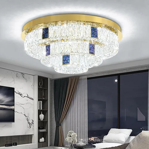 Miniatura 10 de Candelabro de cristal LED moderno de 32 pulgadas para sala de estar, lámpara redonda de cristal de 3 niveles, lámpara de techo de cristal negro