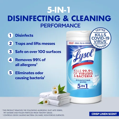 Miniatura 4 de Lysol Toallitas desinfectantes, esenciales para dormitorio, toallitas de limpieza antibacterianas multisuperficie, para desinfectar y limpiar, lino