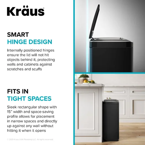 Miniatura 12 de Kraus GarbagePro Bote de basura rectangular de 13 galones manos libres con sensor de movimiento operado por batería en acabado negro mate con tapa