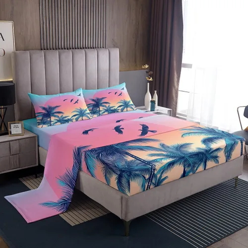 Miniatura 13 de Juego de sábanas de 3 piezas con diseño de playa oceánica, diseño de árbol de coco tropical, para decoración de habitación de niños, niñas, niños