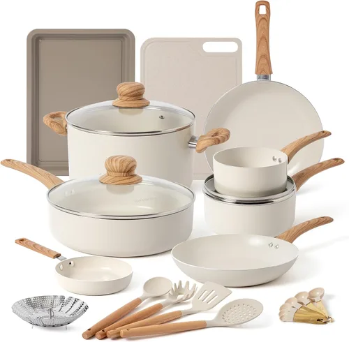 ONGIFT Juego de 23 piezas de ollas y sartenes antiadherentes, juegos de utensilios de cocina, con sartén, cacerola, sartén de saltear, juego de
