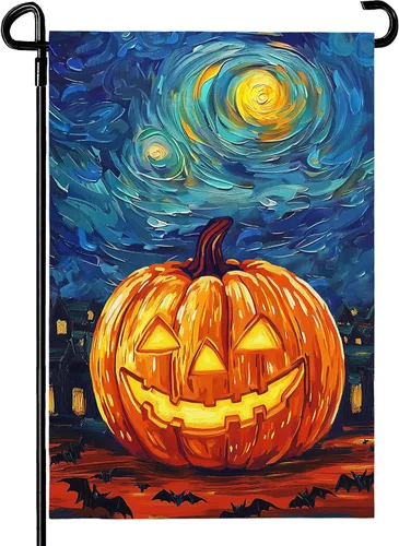 Miniatura 43 de Bandera de jardín de Halloween, bandera de jardín de calabaza Van Gogh, banderas de jardín, artes, cielo nocturno estrellado, luna, bandera