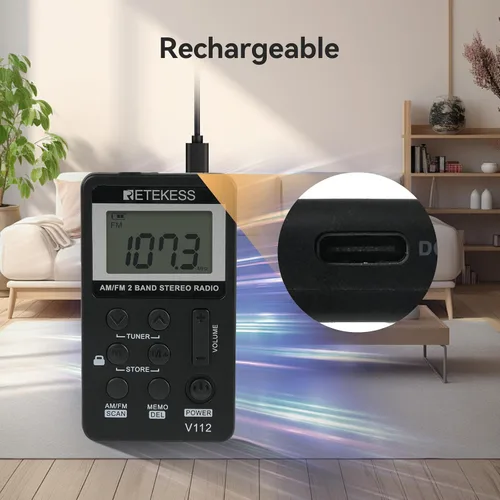 Miniatura 6 de Retekess V112 Radio de Bolsillo AM FM, Radio Digital con Auricular, Batería Recargable con Pantalla LCD para Caminar, Trotar, Entrenamiento (Negro)