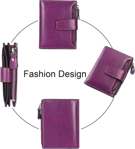 Miniatura 3 de Lavemi Pequeña cartera compacta para mujer, con bloqueo RFID, de piel auténtica, plegable, con ventanas de identificación