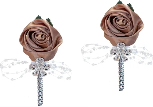 Miniatura 22 de Boutonniere de flores artificiales, paquete de 2 piezas para boda, tela de seda sintética, rosa Boutonniere para iglesia, boda, equipo, novio, Rosa