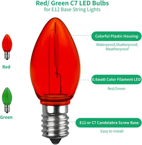 Miniatura 3 de Meconard Bombilla LED C7 de repuesto para Navidad, bombillas LED inastillables C7 para luces de Navidad para interiores y exteriores, base de Rojo