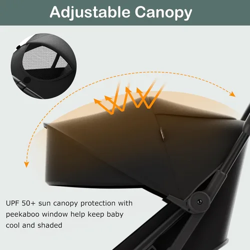 Miniatura 6 de INFANS Cochecito de viaje plegable ultracompacto listo para avión, plegado por gravedad con una sola mano cerca del asiento reclinable plano, Negro