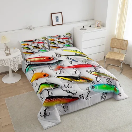 Miniatura 4 de Erosebridal Juego de ropa de cama de pesca tamaño individual, juego de edredón de peces coloridos para niños, adolescentes, hombres, pescadores