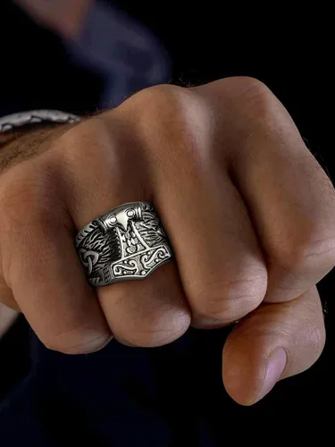 Miniatura 8 de FaithHeart Norse Viking Jewelry - Anillo de acero inoxidable de guerrero para hombre con diseño vikingo de cabeza de lobomartillo de Thor