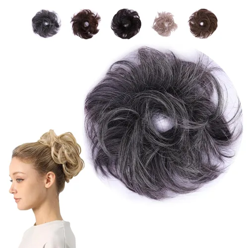 Miniatura 12 de Juvabun Pieza de pelo pequeño y desordenado color negro – Coletero sintético ondulado y rizado para mujer, mini extensión de moño para cabello fino