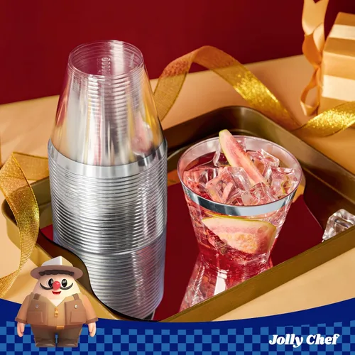 Miniatura 7 de JOLLY CHEF Paquete de 100 vasos de plástico plateado, vasos de plástico transparente de 9 onzas, elegantes vasos con borde plateado, vasos