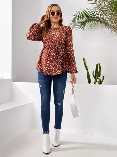 Miniatura 5 de MakeMeChic Camisa de maternidad para mujer, diseño floral, manga larga, con cinturón, peplum