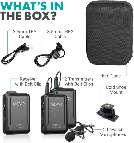 Miniatura 4 de Movo WMX-1 Sistema de micrófono inalámbrico Lavalier de 2.4 GHz compatible con cámaras DSLR, videocámaras, iPhone, teléfonos inteligentes Android