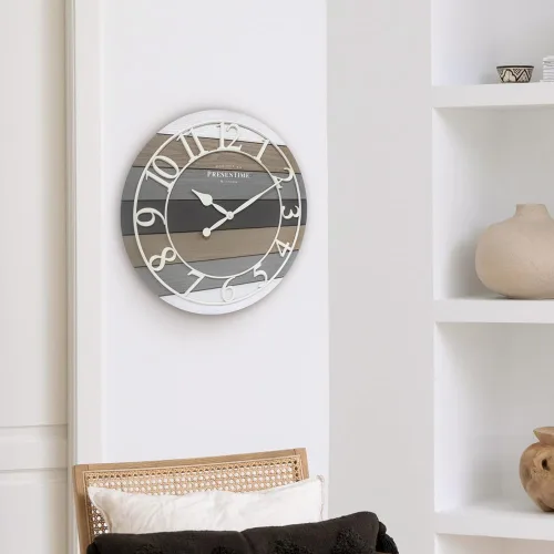 Miniatura 4 de Presentime & Co Reloj de pared moderno de granja con diseño shiplap, de 19.5 pulgadas, números arábicos blancos con estilo shiplap de veta de madera