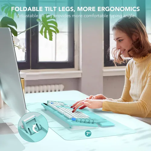 Miniatura 3 de Teclado inalámbrico, teclas redondas, teclado de máquina de escribir retro con reposamuñecas desmontable, modo de suspensión, patas plegables, Azul