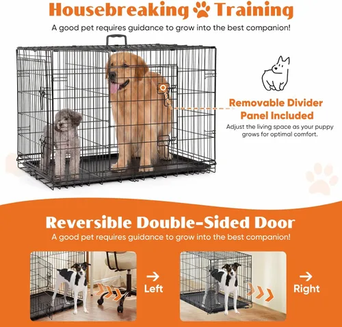 Miniatura 4 de Sweetcrispy Jaula para perros de 36 pulgadas, jaulas medianas de doble puerta plegable de alambre de metal con bandeja de plástico a prueba